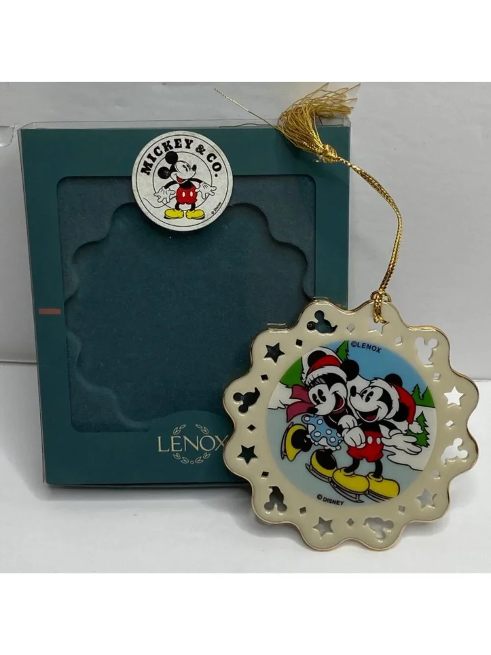 Lenox Mickey Co Christmas Ornament Gold Tassle Mickey Minnie Skating White Stars